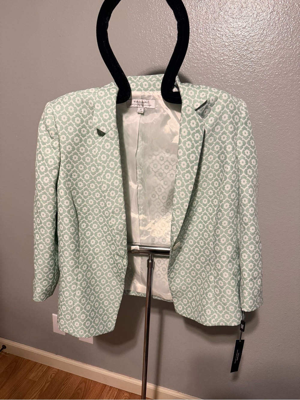 NWT Tahari ASL Green & White Patterned Open-Front Blazer 14 (see measurement)